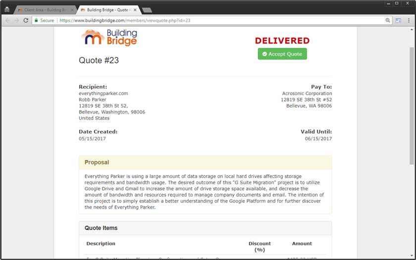 Detail view of quote with 'Accept Quote' button