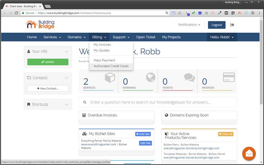 Authorized credit cards link to credit card setup area